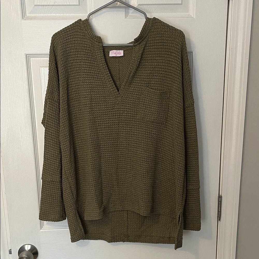 Pink Lily Olive V-Neck Sweater